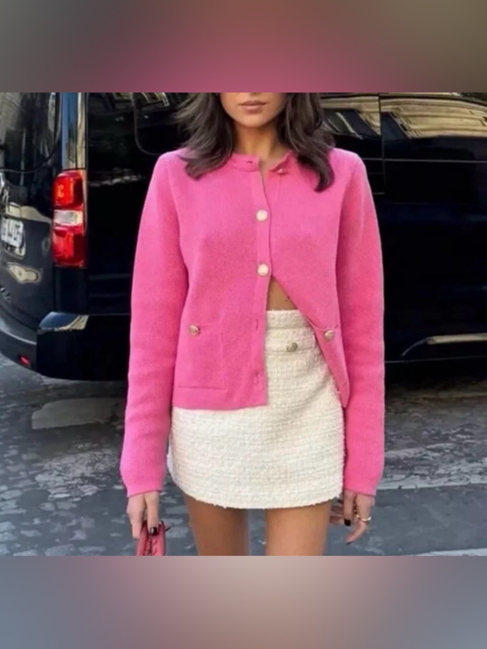 Zara Hot Pink Textured Knit Cardigan with Gold Buttons – Women's Size S